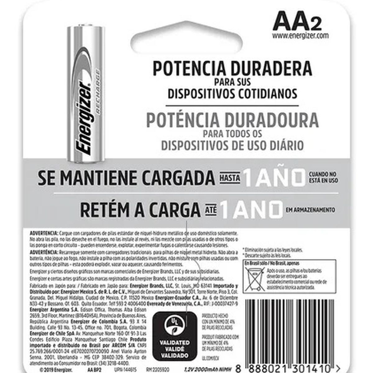 ENERGIZER - Pilas Recargables Energizer 2AA x3 Und (6 Pilas)