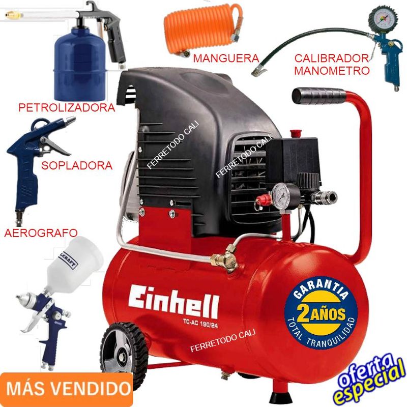 EINHELL - Compresor aire aleman enhell 24 lts 2 hp 116psi + 4 pistola + manguera