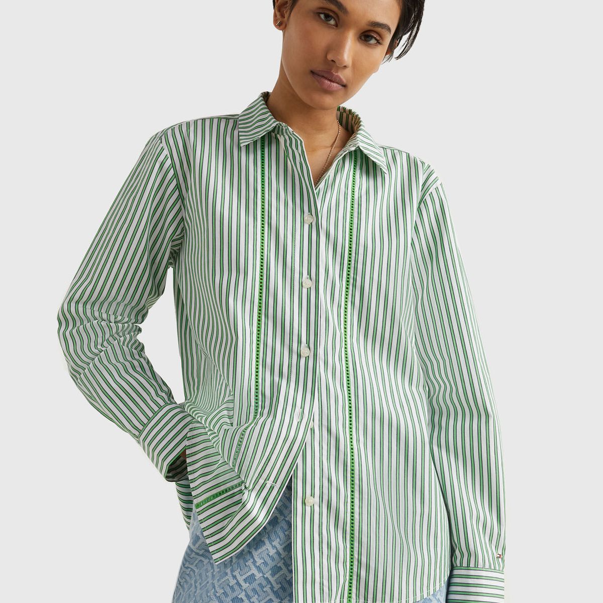 TOMMY HILFIGER - Camisa A Rayas De Corte Regular Mujer Verde Tommy Hilfiger