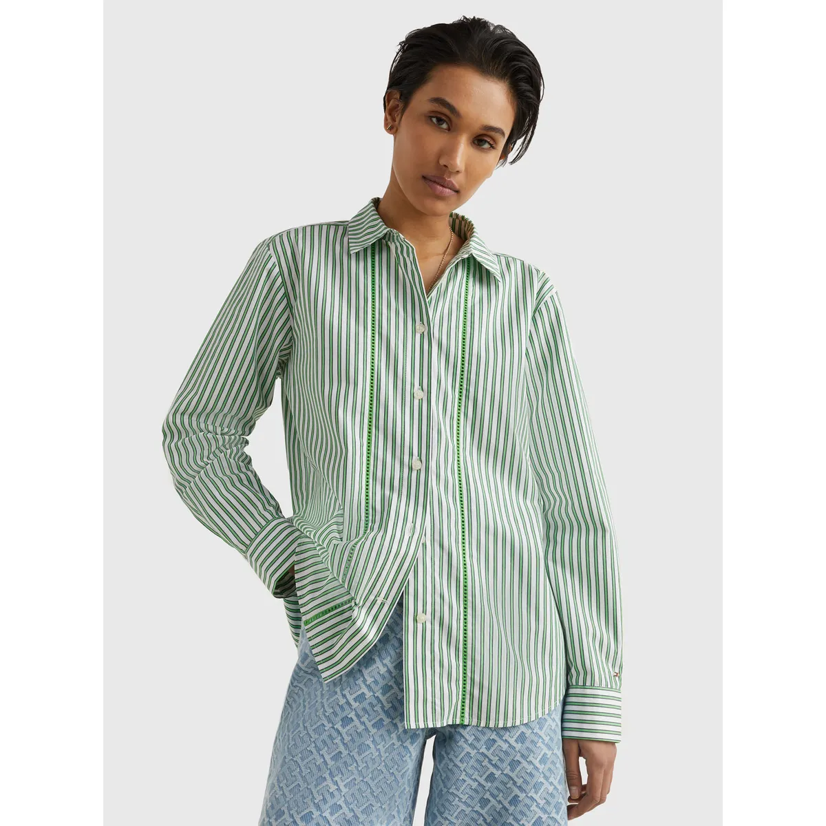 TOMMY HILFIGER - Camisa A Rayas De Corte Regular Mujer Verde Tommy Hilfiger
