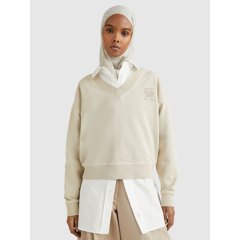 TOMMY HILFIGER - Saco Beige Con Cuello en V Y Monograma Tonal Para Mujer Tommy Hilfiger