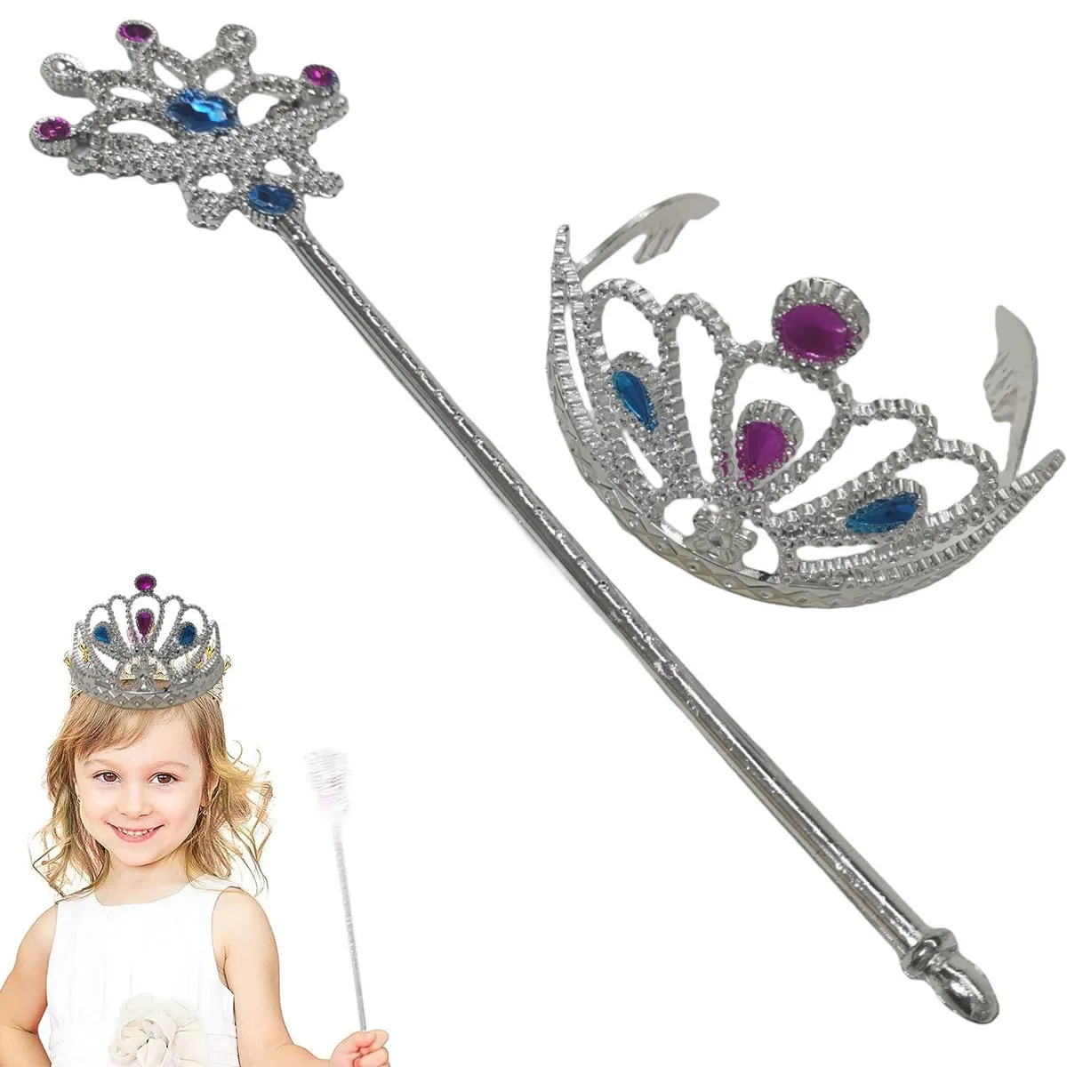 GENERICO - Set Corona  Cetro Plateado Princesa Reina Fiesta Halloween