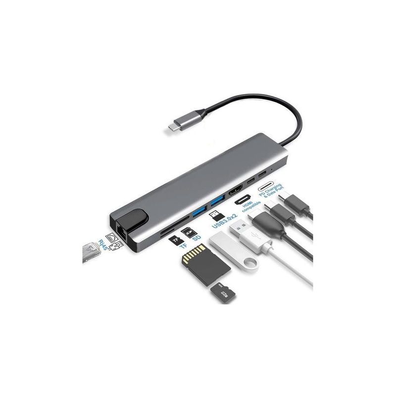 GENERICO - Hub 8 en 1 usb-c 3.0 hdmi 4k+ rj45 ethernet sd micro pc