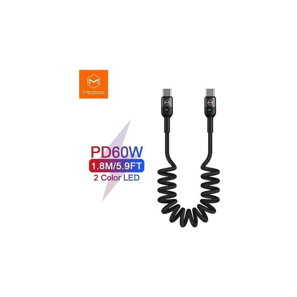 MCDODO - Cable espiral mcdodo carga rápida y datos usb-c a usb-c para carro 18m