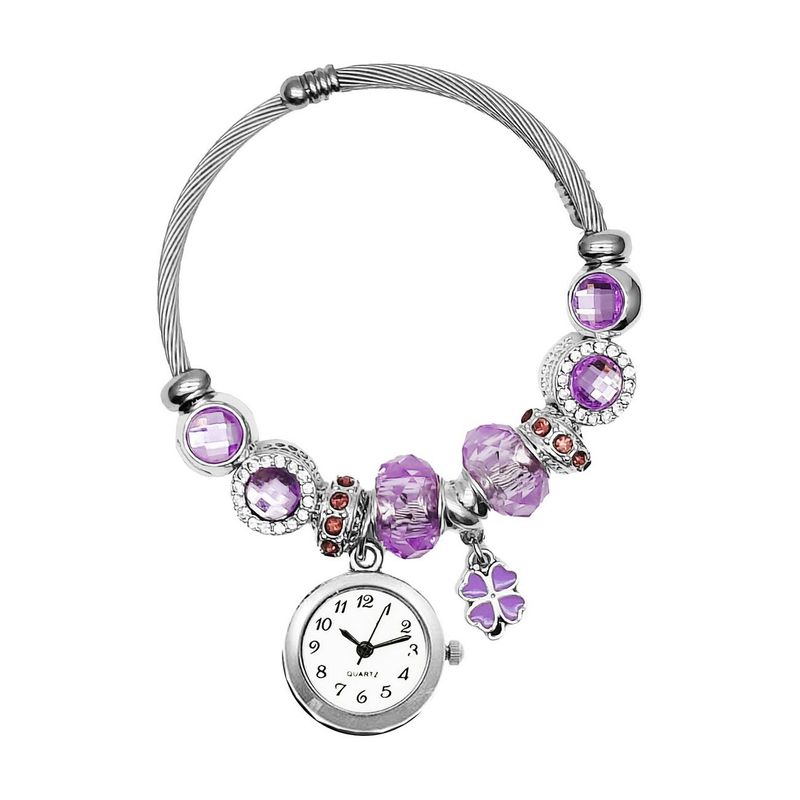 DAYOSHOP - Reloj Mujer Dama Pulsera Acero Dije Trebol Lila  Estuche