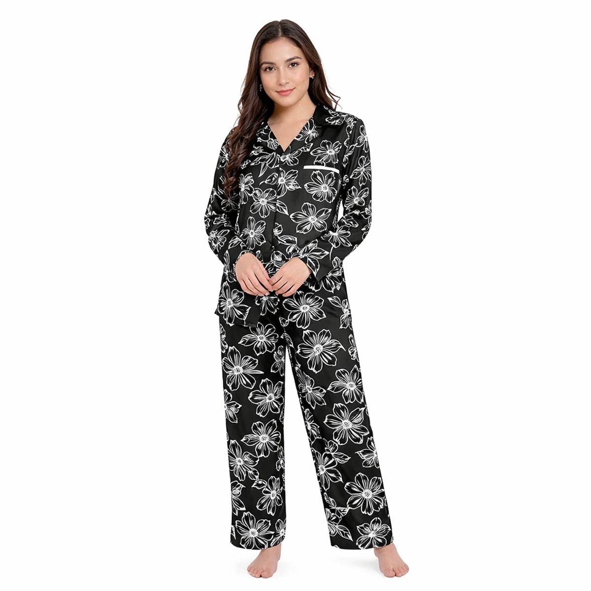 ROMANELLA - Pijama Elegante Seda Satén Negra Romanella