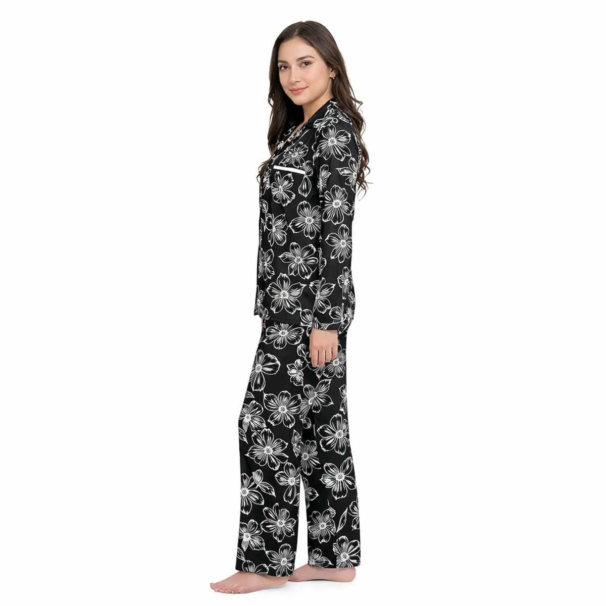 ROMANELLA - Pijama Elegante Seda Satén Negra Romanella