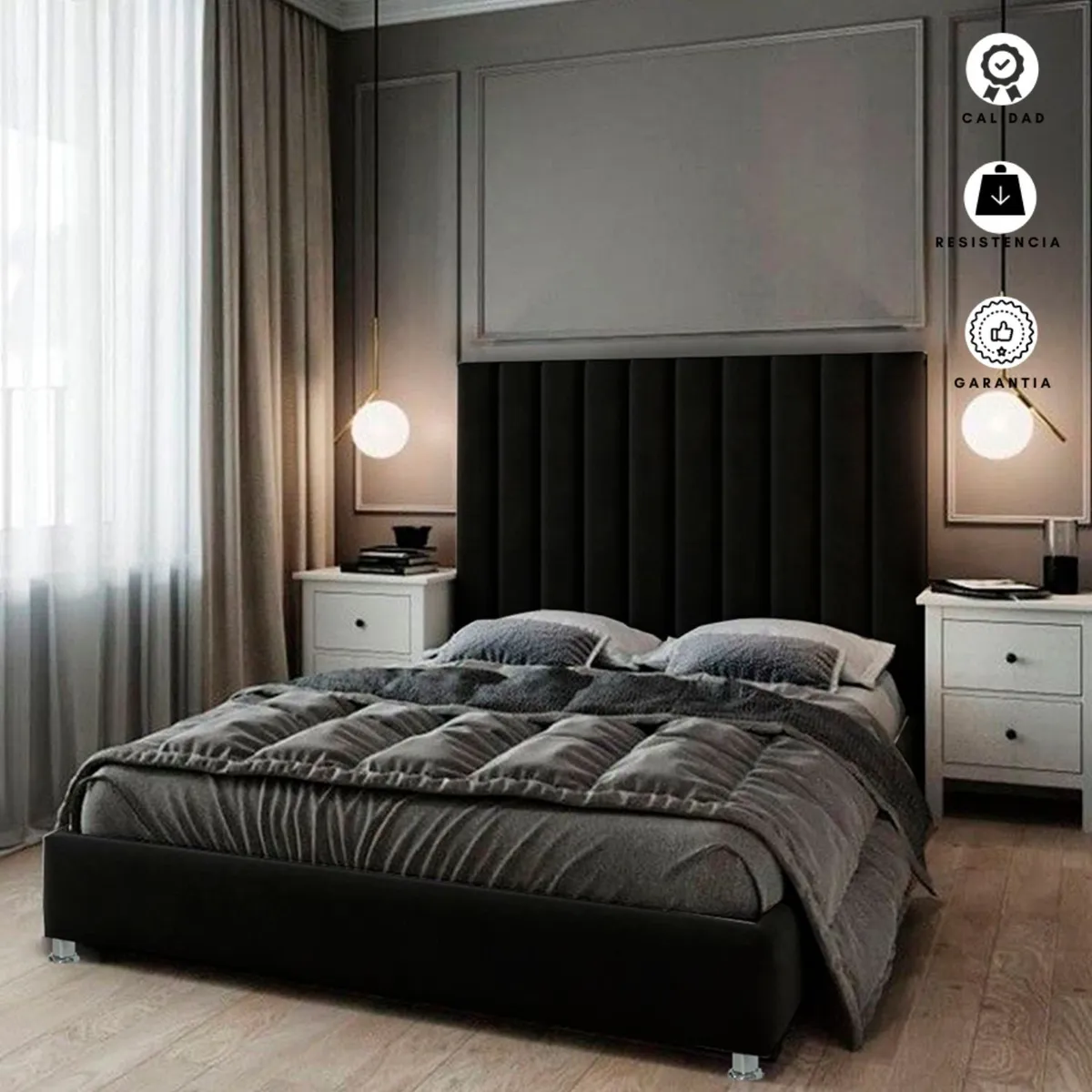 EKONOMODO COLOMBIA - Base Cama Con Espaldar Doble En Pino Natura Negro 140X190 Cm