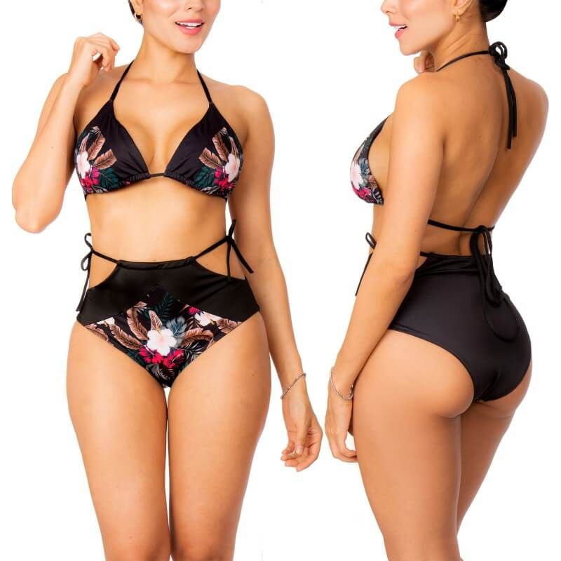 PRAIE - Vestido de Baño Bikini Retro PRAIE 2505 Negro Amarre Flores