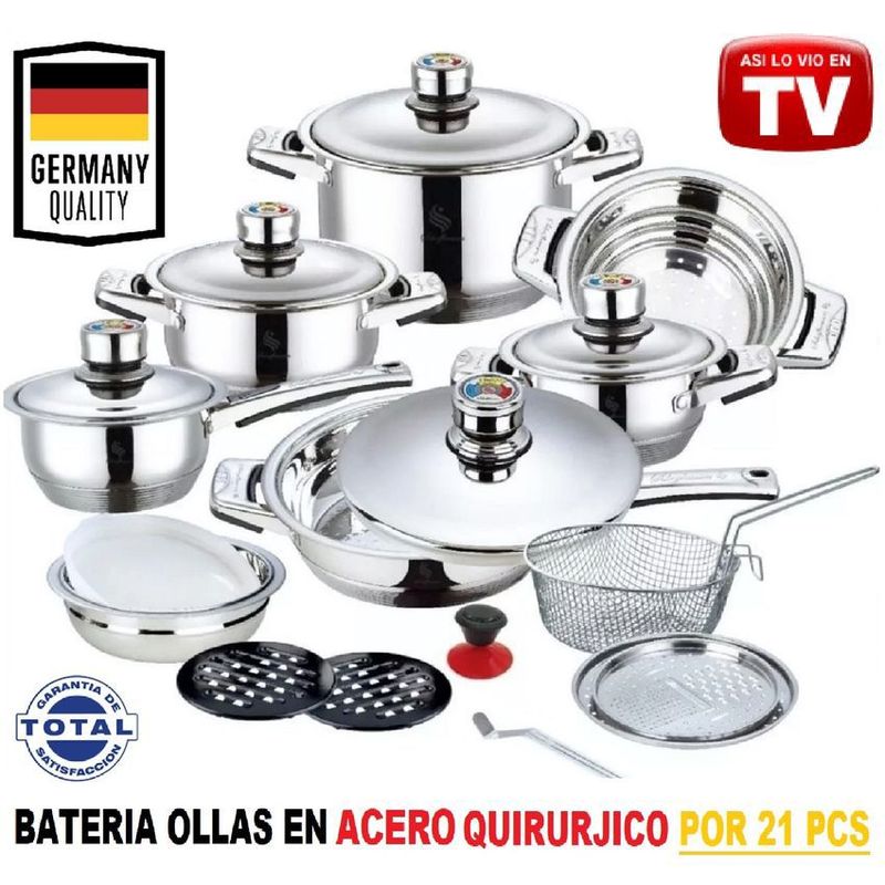 GENERICO - Batería acero quirúrgico 100% vaporera tapas válvula 21 piezas