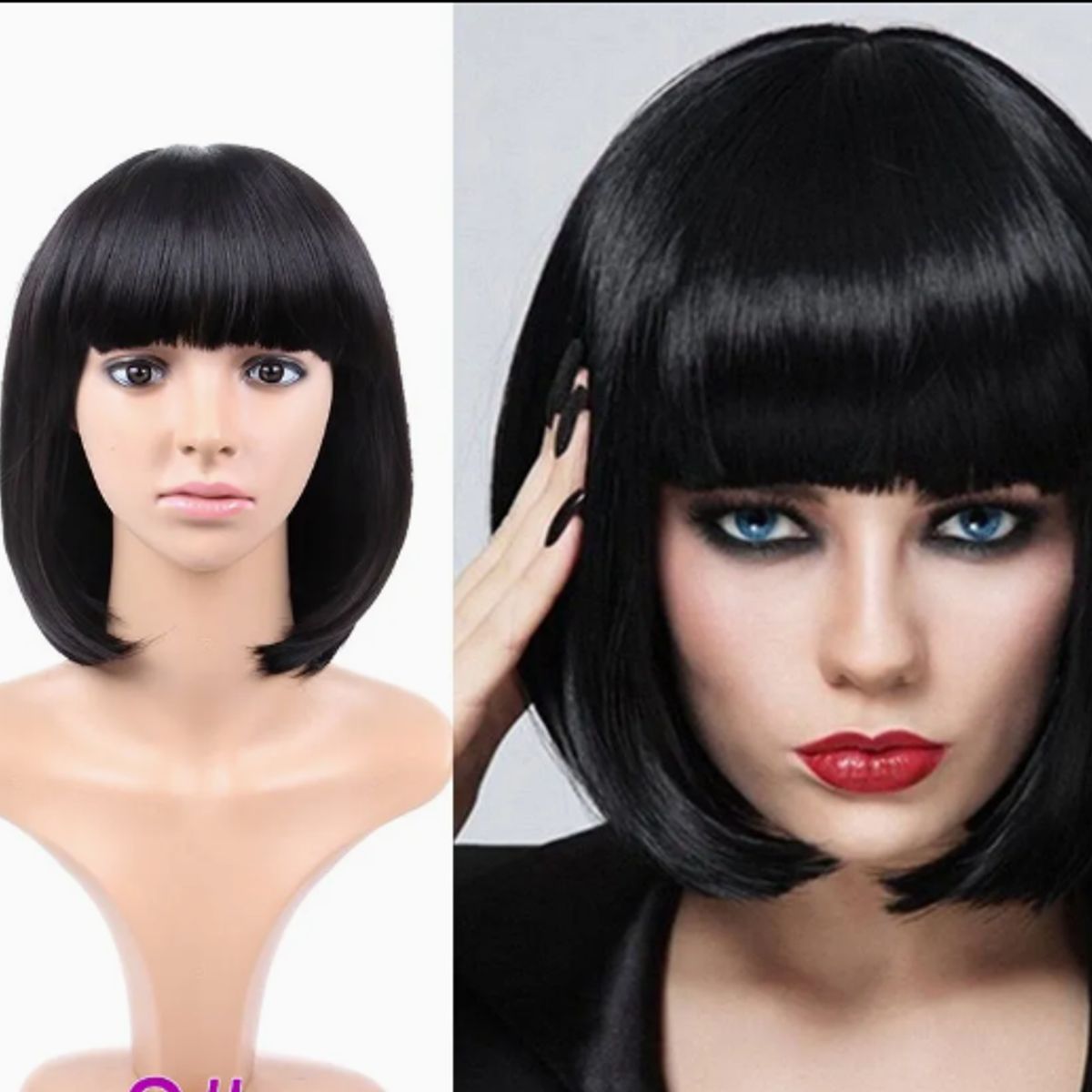 MIELTECH - Peluca corta bob color halloween cabello sintético -Negro