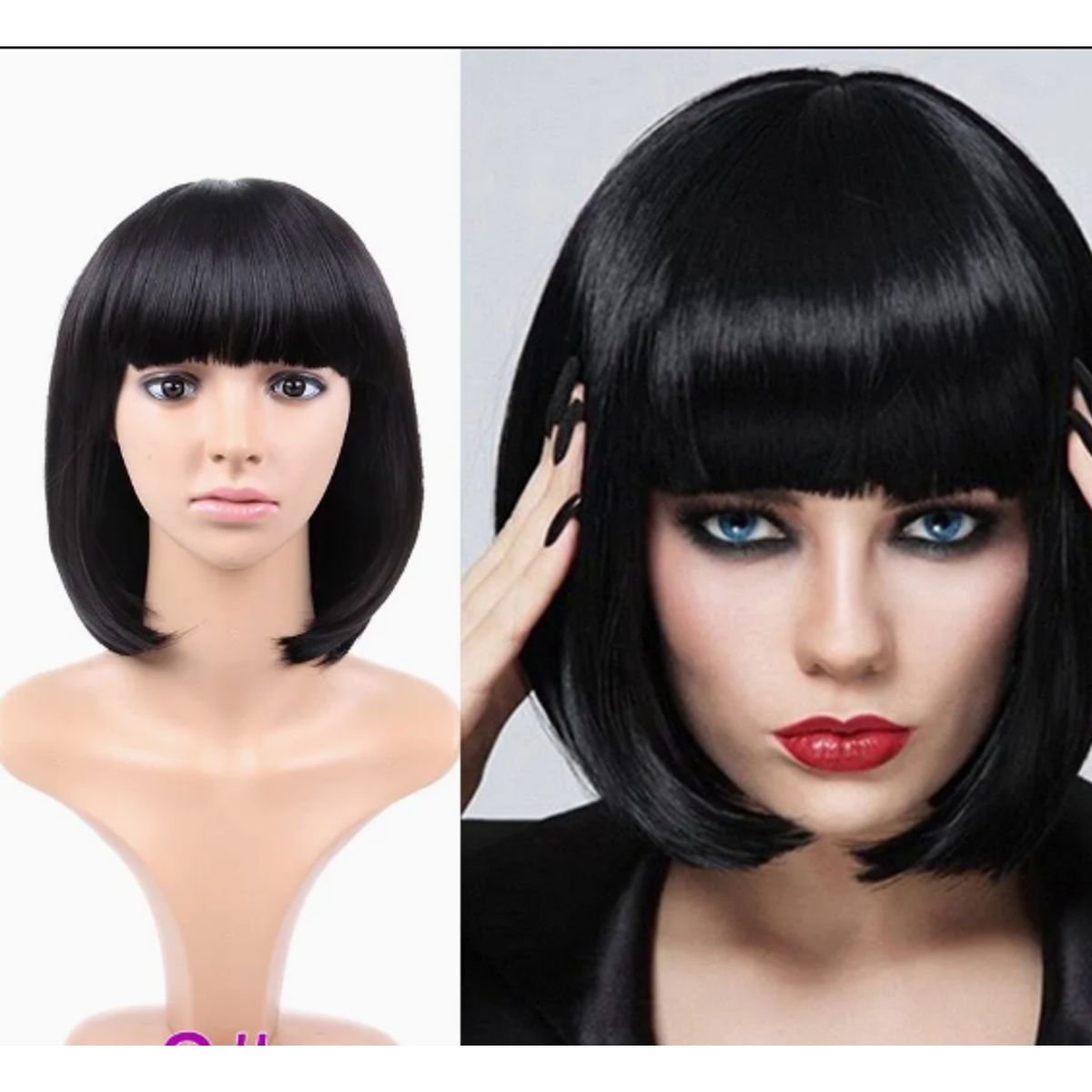 MIELTECH - Peluca corta bob color halloween cabello sintético -Negro