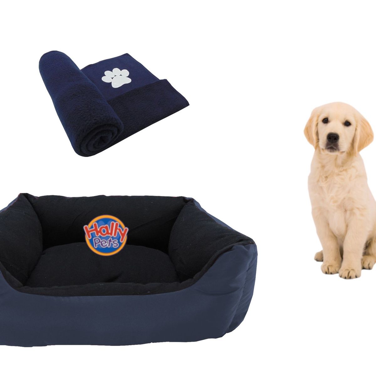HALLY PET - Cama Mediana Imp Mascota y Cobija Térmica Mediana Azul Oscuro.