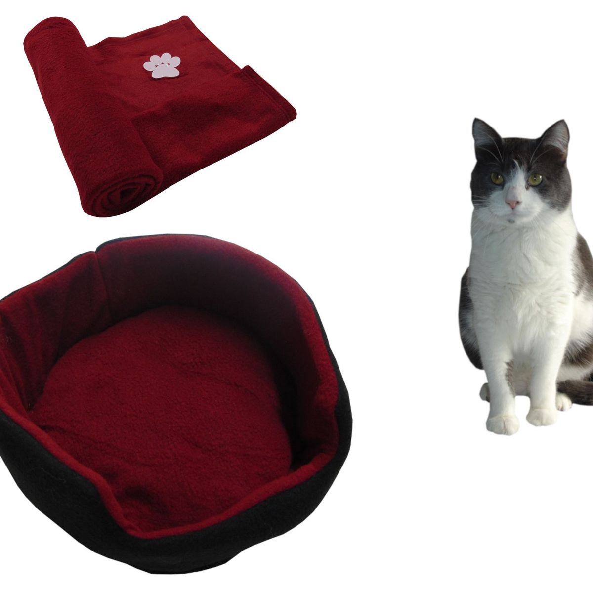 HALLY PET - Cama gato pequeña y cobija térmica mediana Vinotinto.