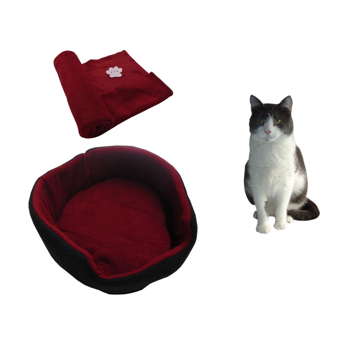 HALLY PET - Cama gato pequeña y cobija térmica mediana Vinotinto.