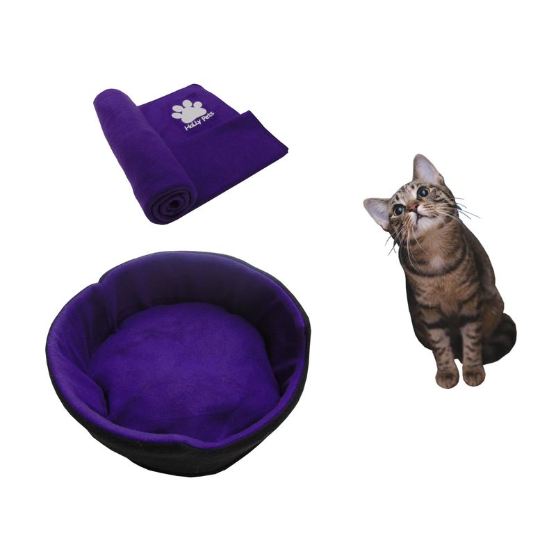 HALLY PET - Cama gato pequeña y cobija térmica mediana Morado.