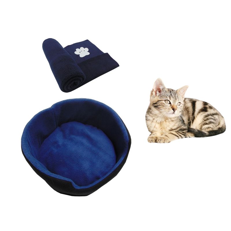HALLY PET - Cama gato pequeña y cobija térmica mediana Azul Oscuro.
