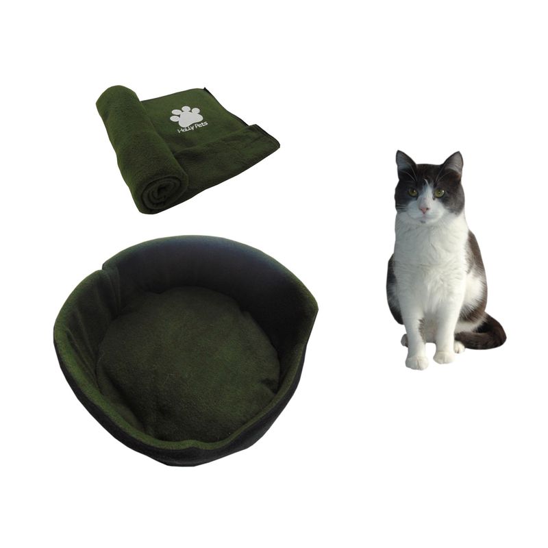 HALLY PET - Cama gato pequeña y cobija térmica mediana Verde.