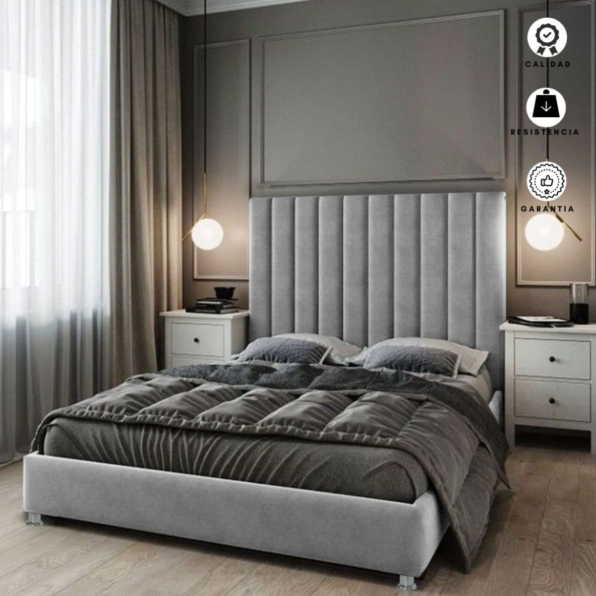 EKONOMODO COLOMBIA - Base Cama Con Espaldar Doble En Pino Natura Gris Perla 140X190 Cm