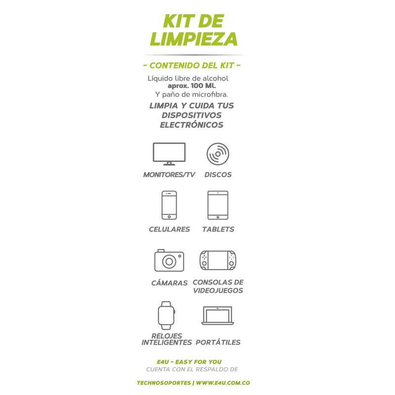 E4U - kit de Limpieza para Dispositivos Electrónicos Libre de Alcohol