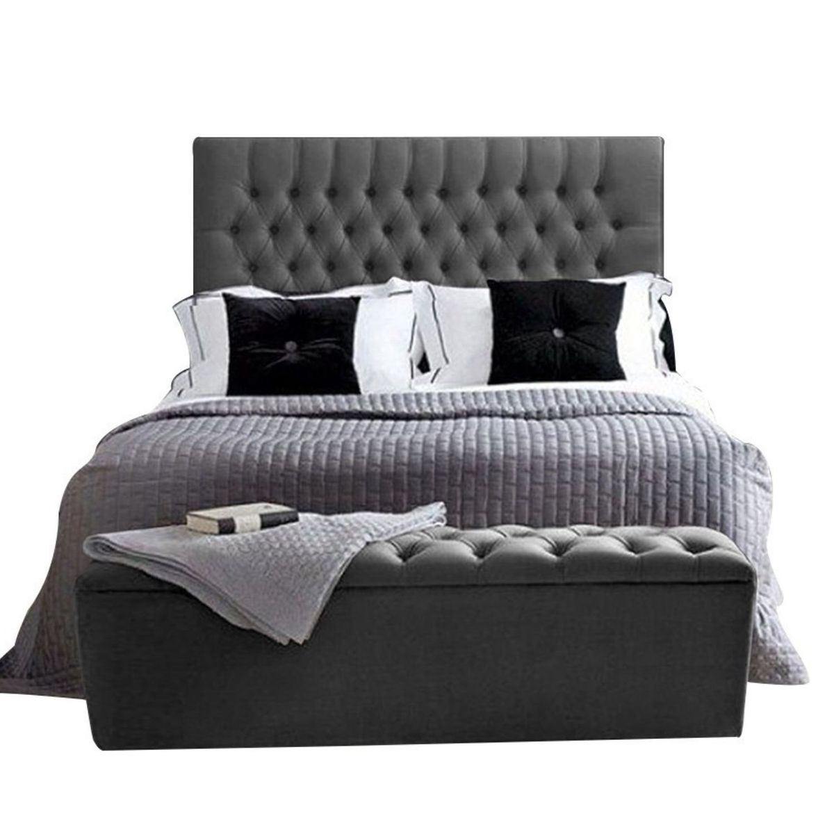 EKONOMODO COLOMBIA - Base Cama Con Espaldar Doble + Puff En Pino Paris Gris Plomo 140X190