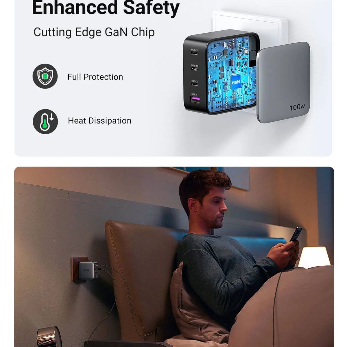 UGREEN - Cargador Ugreen Carga Rápida 100w 3 Usb C Usb A Compatible Pd3 Qc3 Qc4