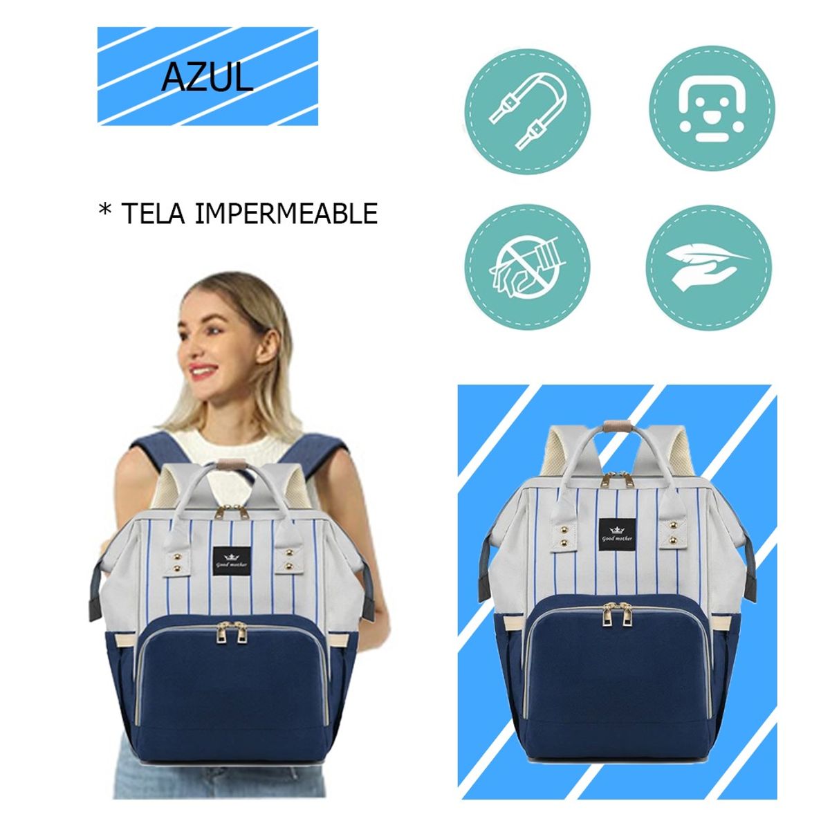 LANZURY IMPORTACIONES - Pañalera Tipo Morral Multiusos Para Bebe - AZUL RAYAS-