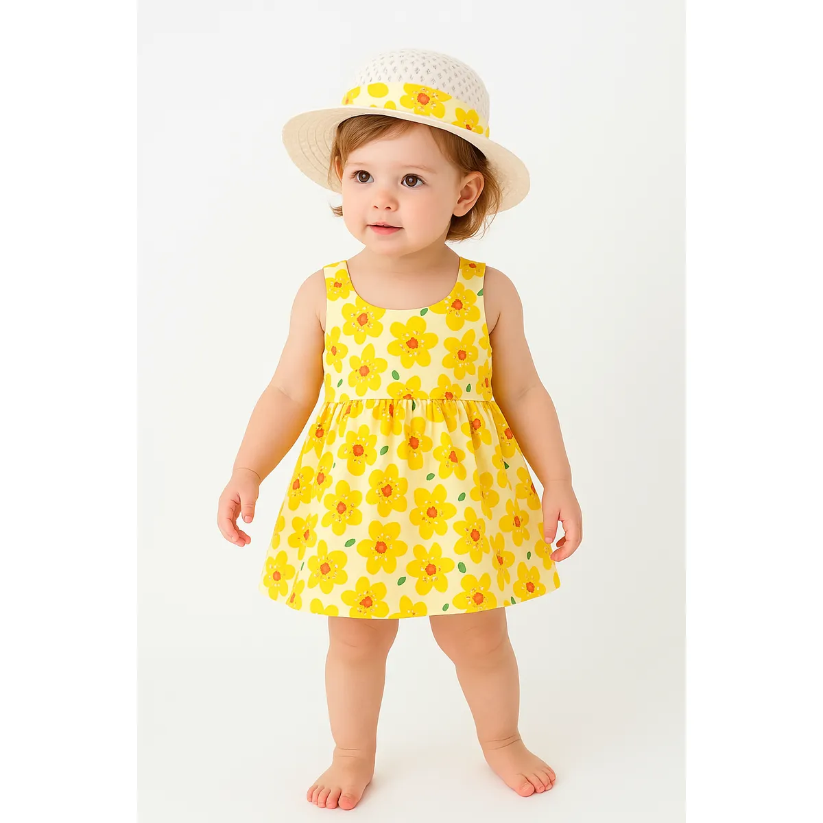 LUSOLSI - Vestido y sombrero Pava  Estampado Con flores para niñas