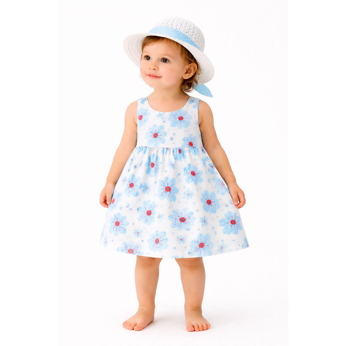 LUSOLSI - Vestido Niña Con Diseño Floral + Pava  Muy Chic