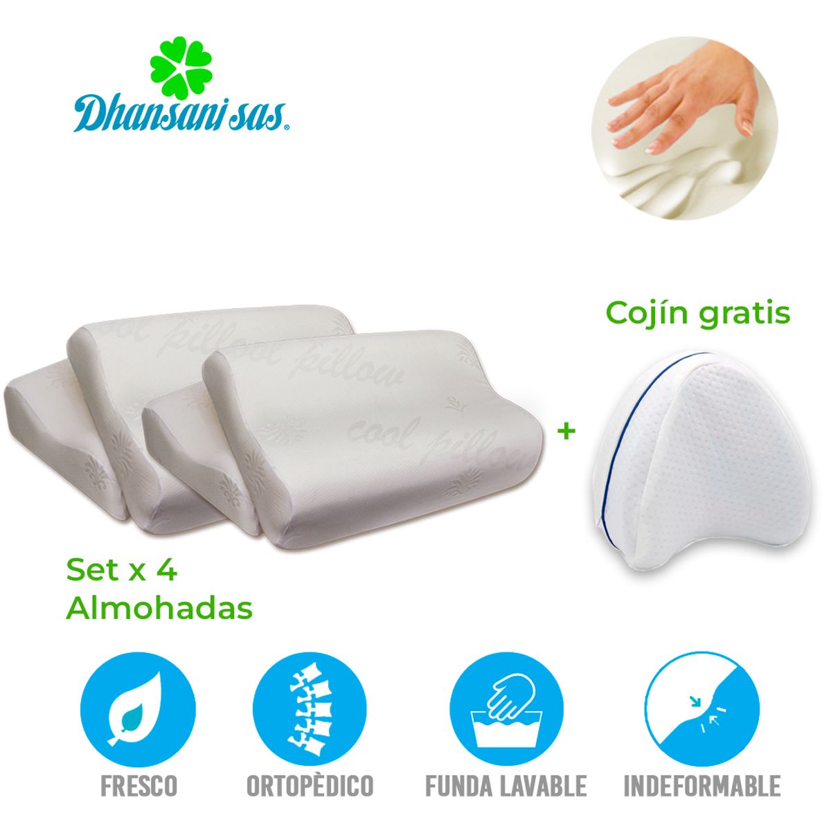 MAGIC PILLOW - Ortopedica Almohada Espuma Viscoelastica Con Memoria Set X4 cervical + Gratis cojín entrepierna