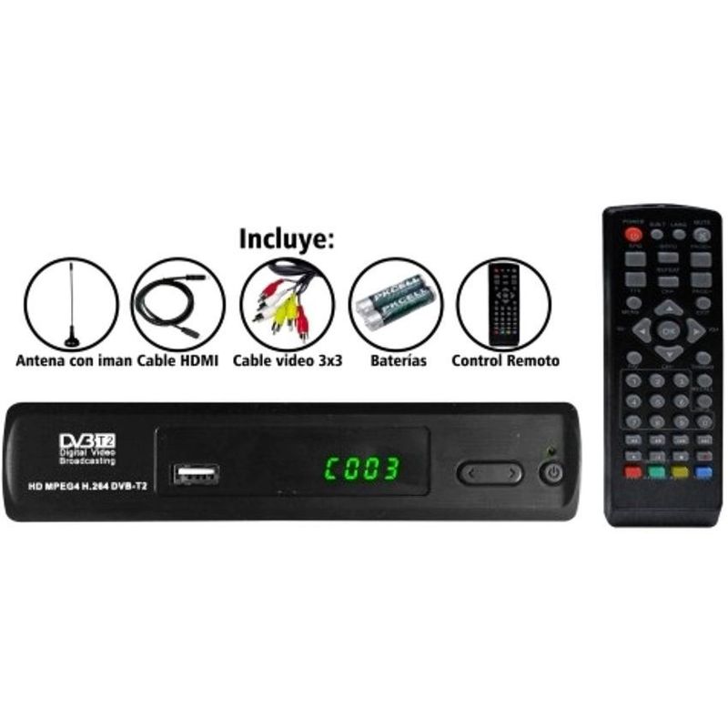 GENERICO - Tdt full hd decodificador + antena + cable hdmi + cable rca + control remoto, dvb t2 - negro