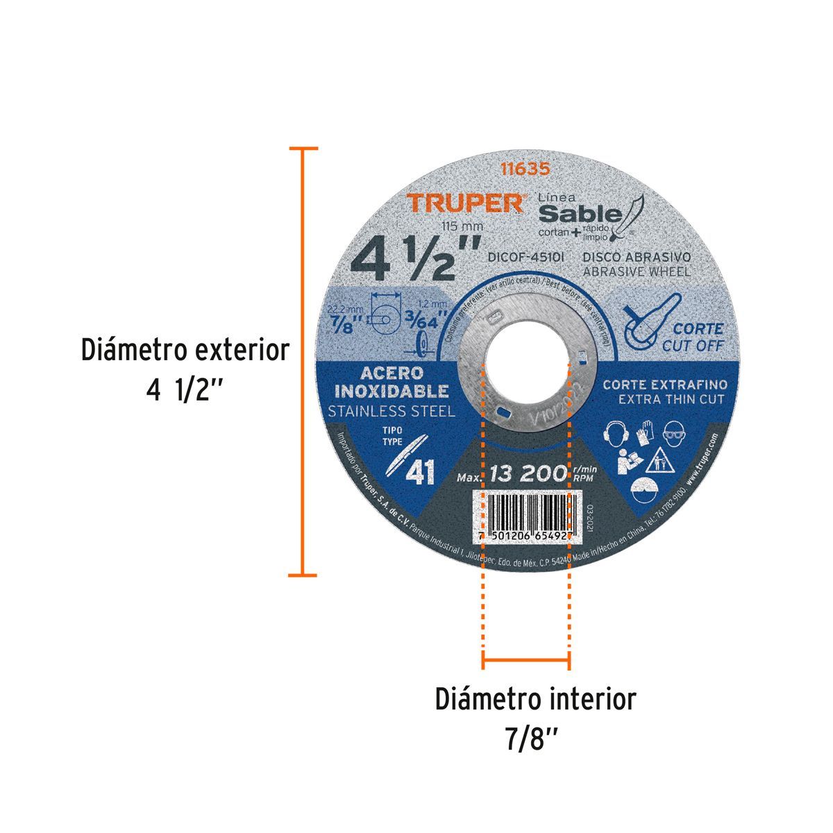 TRUPER - Disco Corte Acero Inoxidable 4-1/2' Tipo 1 Truper 11635