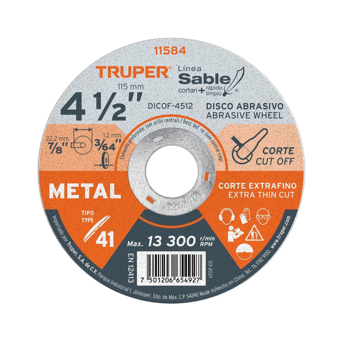 TRUPER - Disco Corte Acero Inoxidable 4-1/2' Tipo 1 Truper 11635