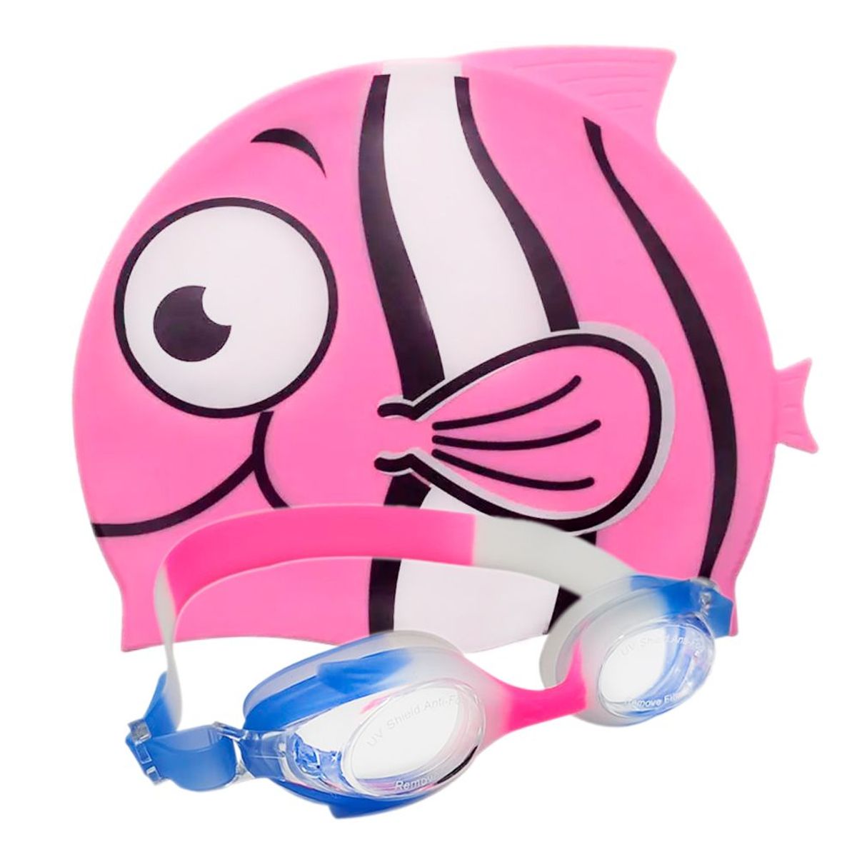 GENERICO - Set Gorro Natación Pez Silicona Niños Gafas Filtro UV Estuch