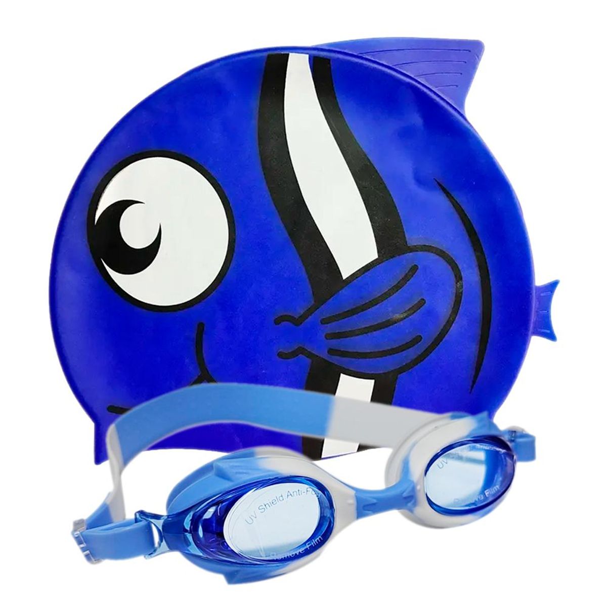 GENERICO - Set Gorro Natación Pez Silicona Niños Gafas Filtro UV Estuch