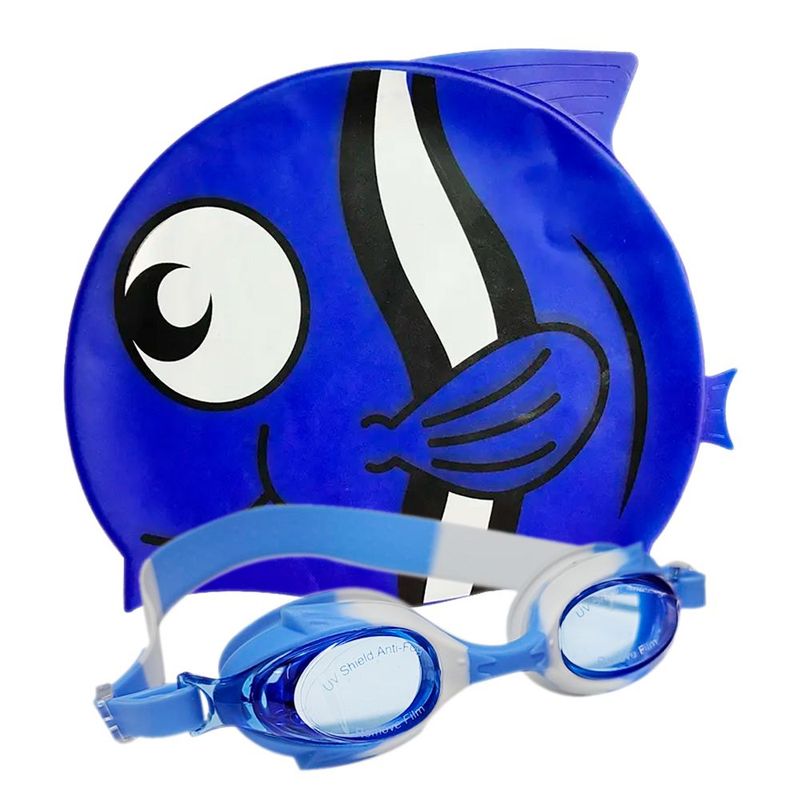 GENERICO - Set Gorro Natación Pez Silicona Niños Gafas Filtro UV Estuch