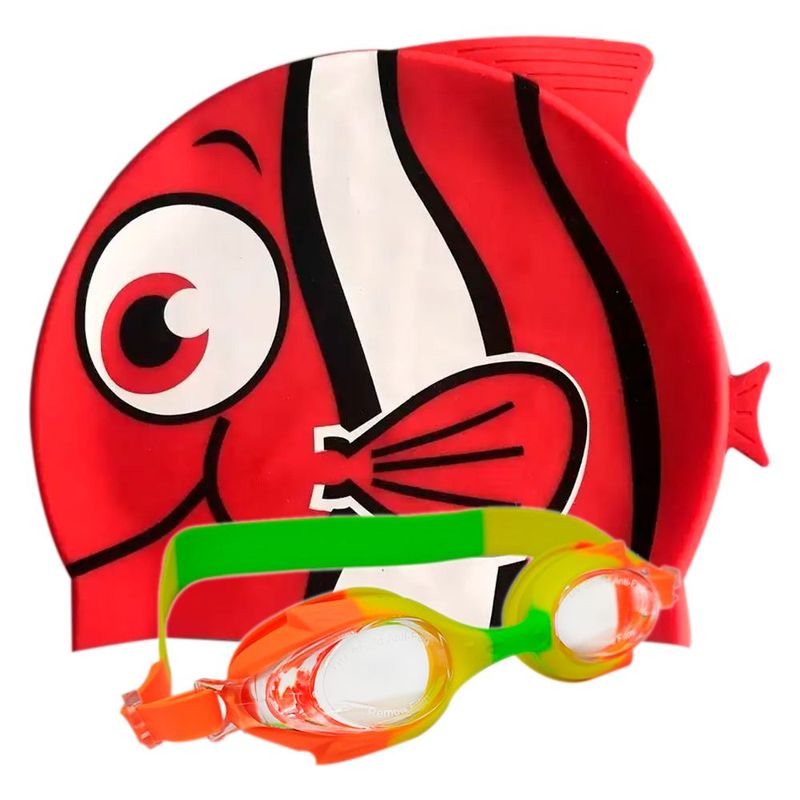GENERICO - Set Gorro Natación Pez Silicona Niños Gafas Filtro UV Estuch