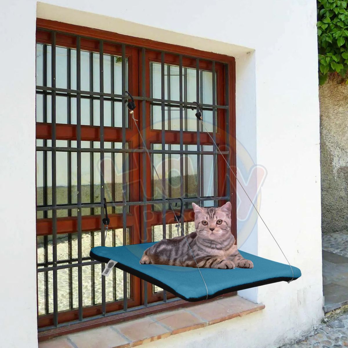 HALLY PET - Cama O Hamaca Gatos Para Ventanas Con Reja Celeste.