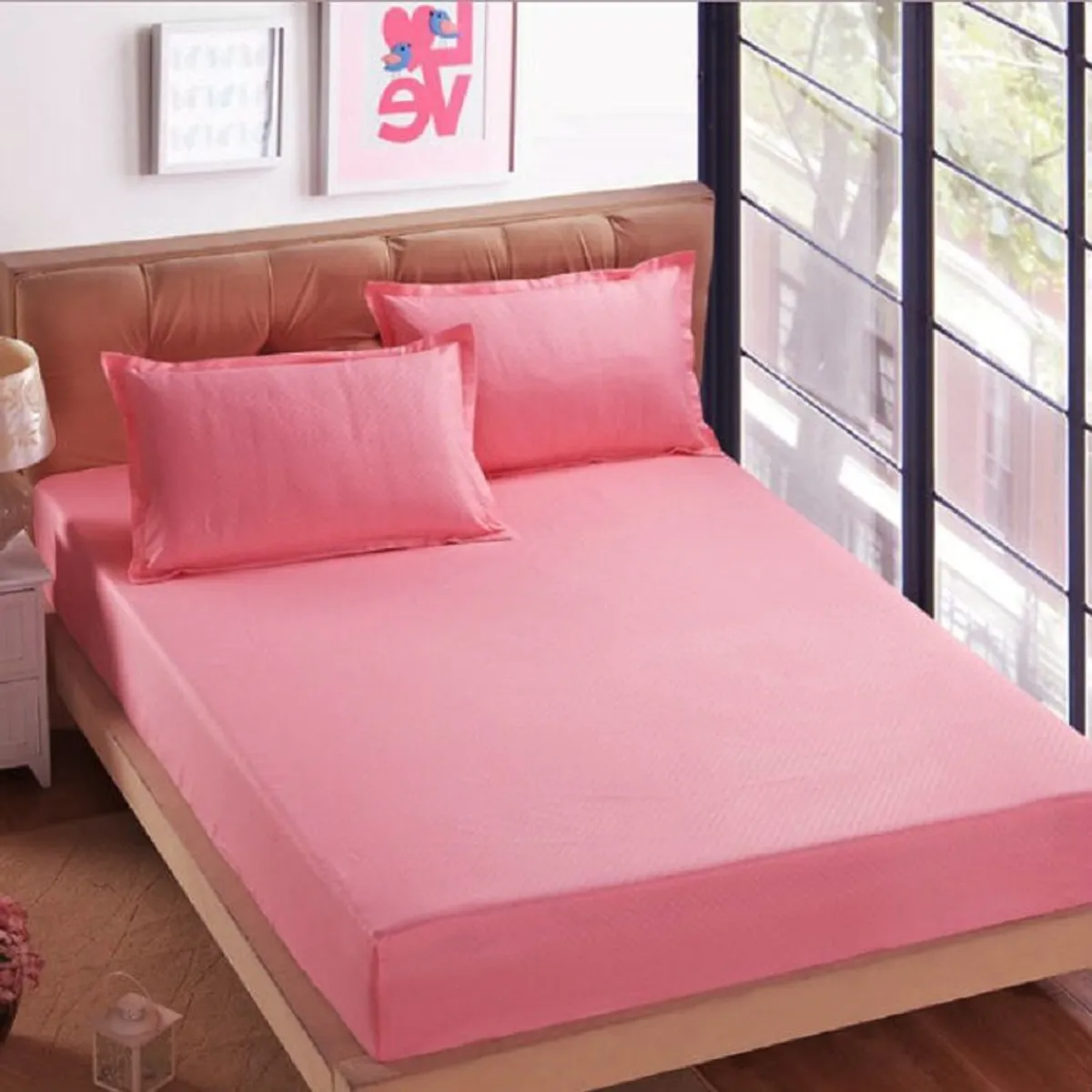 GENERICO - Sabana ajustable y 2 fundas cama semidoble rosada