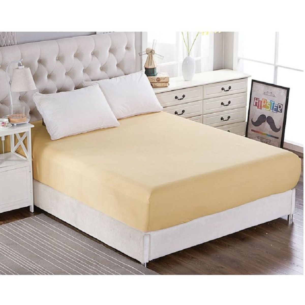 GENERICO - Sabana ajustable y 2 fundas cama queen beige 30 cms