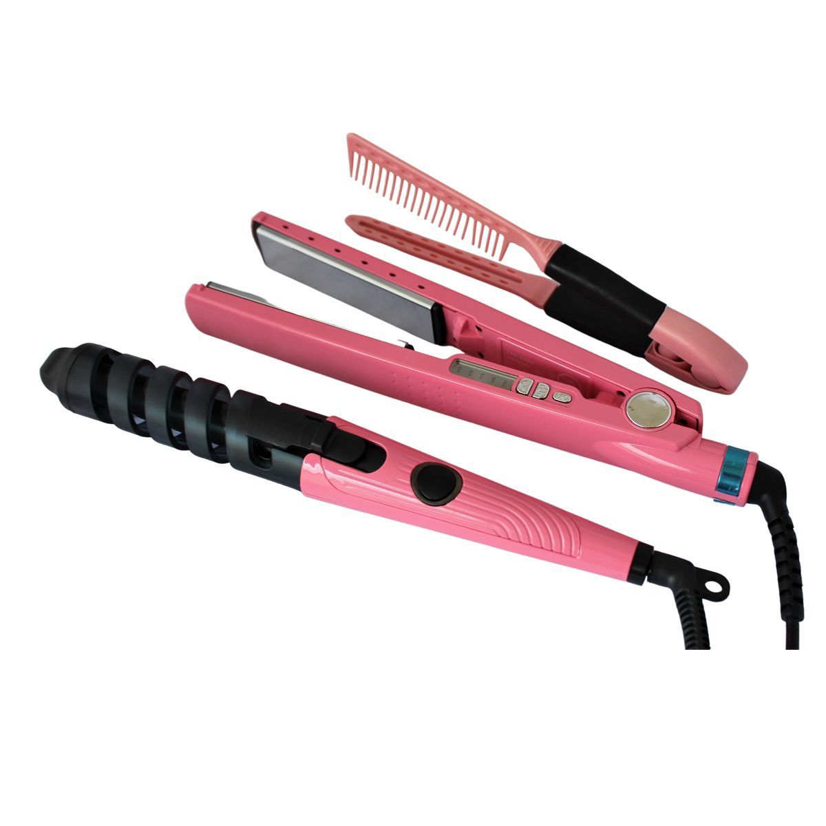 GENERICO - Combo Plancha, Rizador Y Peine Rosado