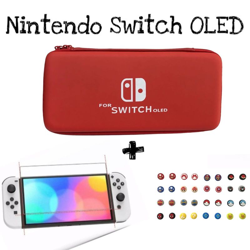 GENERICO - Estuche Rígido Rojo + Vidrio Templado + 2 grips Para Switch Oled