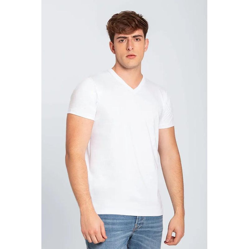 DIANE & GEORDI - Camiseta cuello V unicolor de algodón peinado premium 4901 - Blanco_.