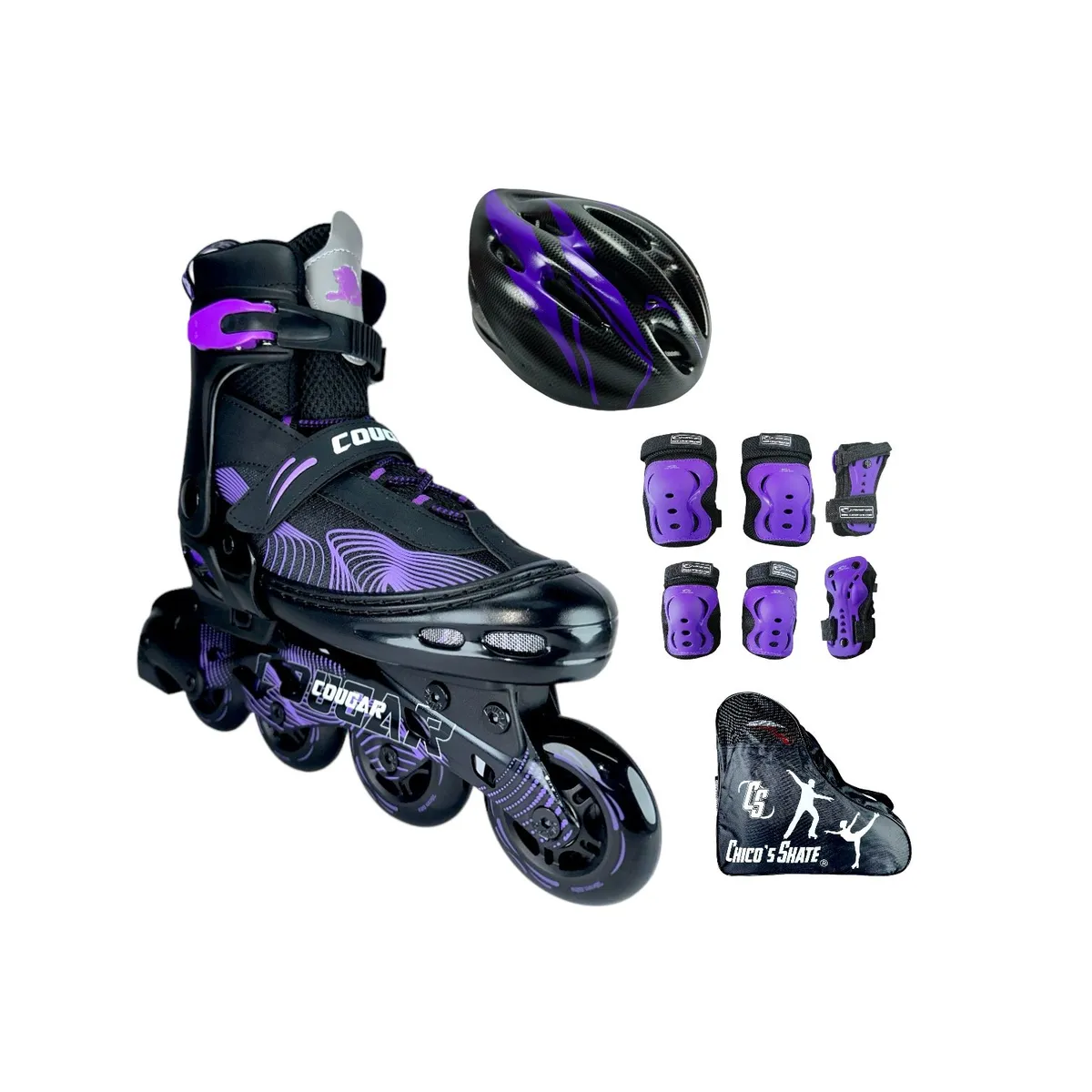 COUGAR - Combo Patines Cougar MZS833LG Con Protecciones M 34 Ajustables a 37 Morado