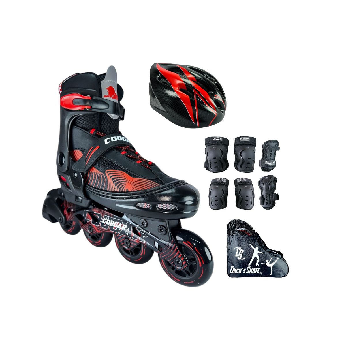 COUGAR - Combo Patines Cougar MZS833LG Con Protecciones M 34 Ajustables a 37 Rojo