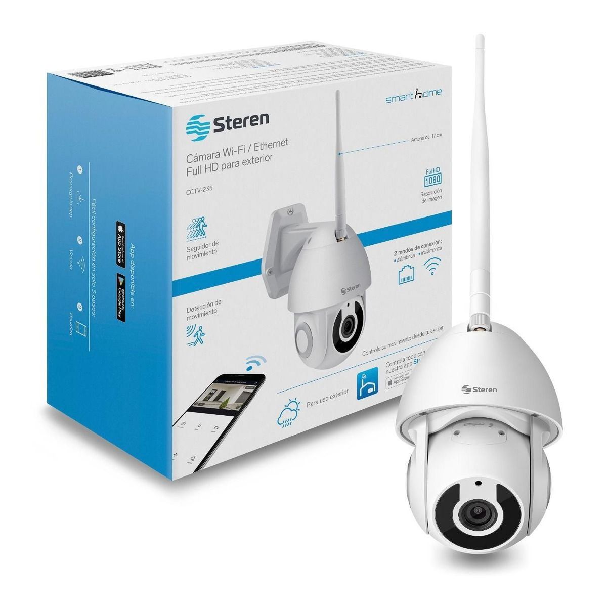 STEREN - Cámara de seguridad Wi-Fi/Ethernet 3Mpx con seguidor de movimiento para exterior