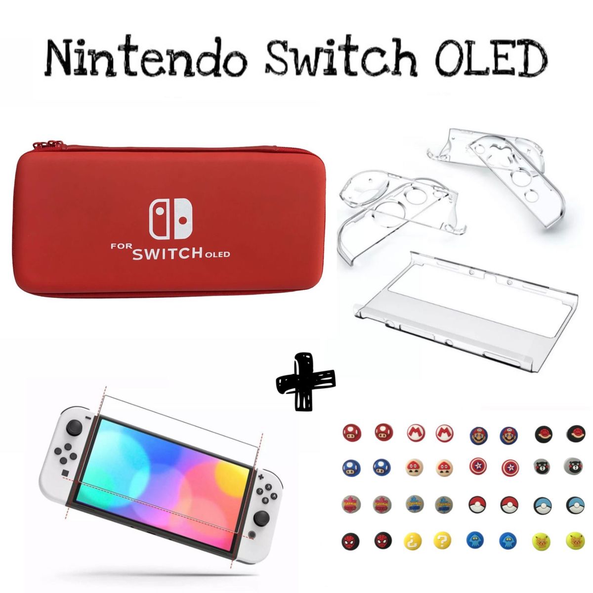GENERICO - Estuche Rojo + Acrilico Protector + Vidrio + 2 Grips Para Switch Oled