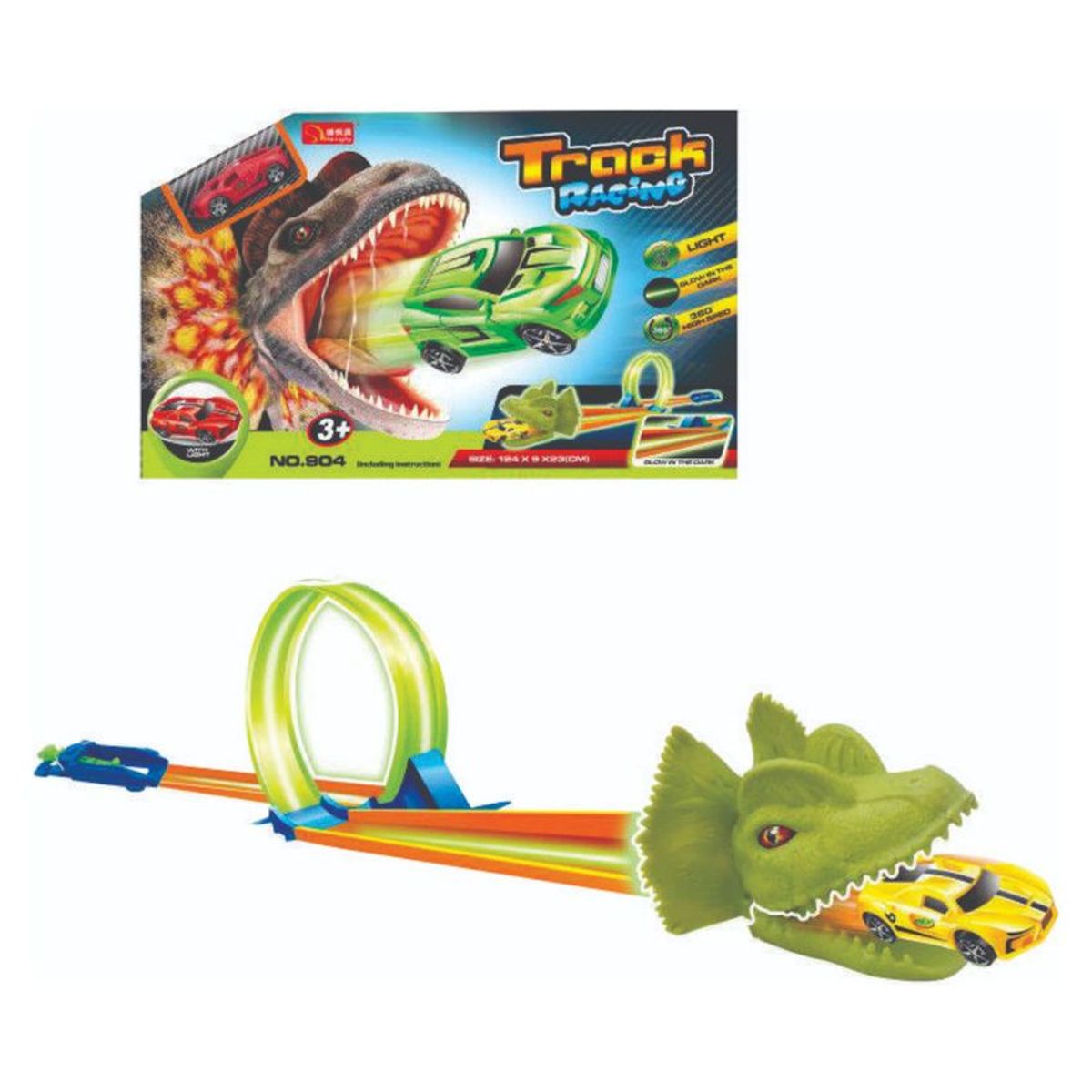 JUGUETELANDIA - PISTA MANUAL DINOSAURIO GLOW CAJA