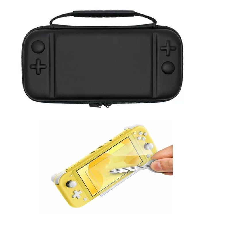 GENERICO - Estuche Rígido Negro + Vidrio Templado Para Switch Lite