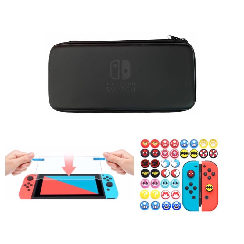 GENERICO - Estuche Rigido Negro + Vidrio Templado + 2 Grips Para Switch